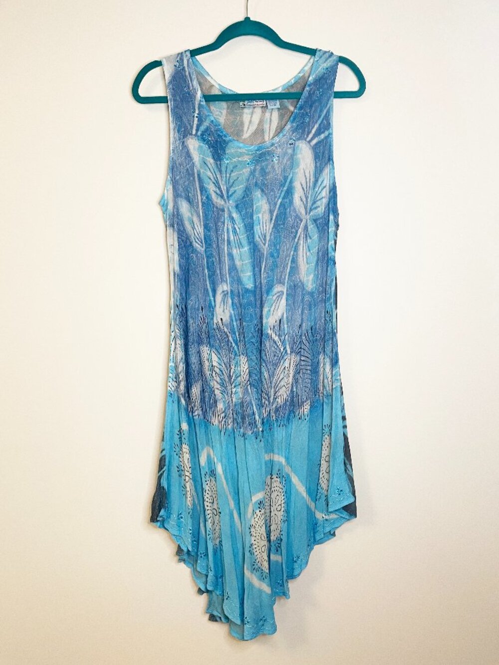 Just Cruising Blue Tie Dye Floral Dress Free Size Boho Beachy Handkerchief Hem